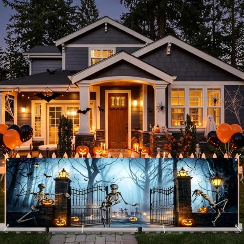 118"x35" Extra Large Happy Halloween Banner Big Spooky Halloween Backdrop for Giant Outdoor Yard Easy Hang with Ropes&Grommets–Perfect for Fence, Porch, Garden, Haunted House Party Signs (Skeleton Gate, 118"x35")