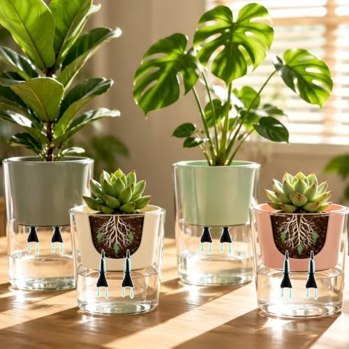 8 Pack Self Watering Spikes, 4 Small + 4 Large Automatic Plant Watering Stakes with 19.7ft Capillary Wick Rope for Indoor Outdoor Plants, DIY Vacation Waterer for Potted Plant Seedling Garden Pot