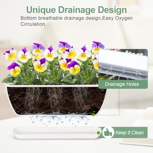 Oliz 4-Piece White Rectangular Window Sill Planters with Drainage Holes and Trays (11 Inches) for Basil, Orchids, and Succulents Modern Herb Garden Planters Suitable for Indoor/Outdoor Plants