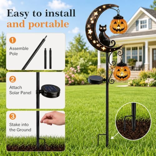Solar Halloween Black Cat & Pumpkin Moon Garden Stake Light, Jack-o'-Lantern Lantern Solar Outdoor Waterproof LED Yard Decoration with Crescent Moon, for Garden, Patio (Style A)