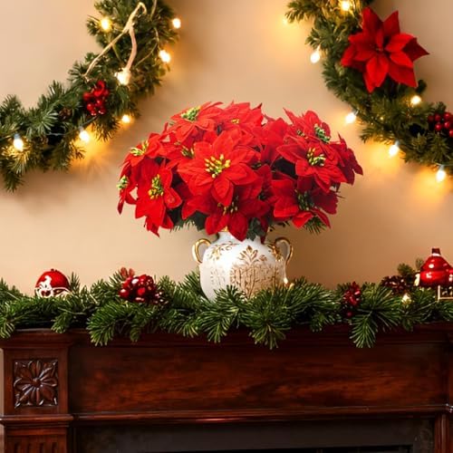 Grunyia 8PCS Artificial Poinsettia Flowers Christmas Decorations Silk Poinsettia Stem Realistic Holiday Home Decor for Table Centerpiece Wedding Party DIY