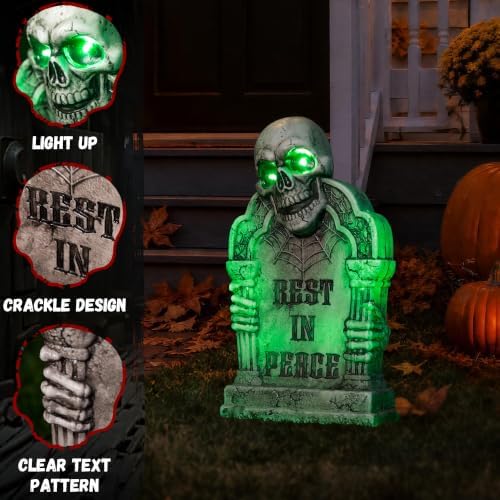 Halloween Decoration Animatronic Tombstone with Skull & Pillars, Sound Activated Grave Marker with Green Light-Up & Creepy Sound Effects, RIP Cemetery Prop for Haunted House, Yard, Lawn & Porch Decor