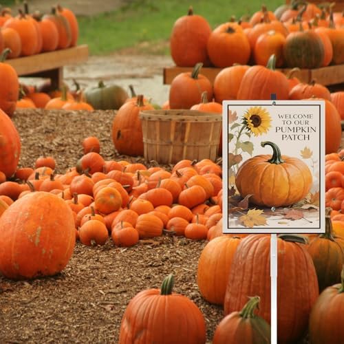 Welcome To Our Pumpkin Patch Yard Sign With Stake Fall Decor Reflective Aluminum Lawn Sign Stand For Home Harvest Thanksgiving Pumpkin Spice Season Autumn Outdoor Decorations (8x12) IN
