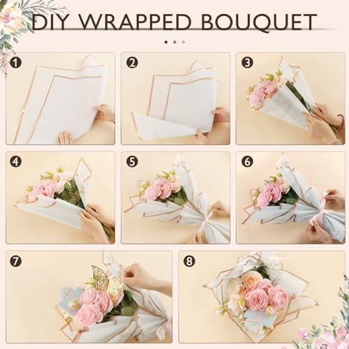 100 Sheets Flower Wrapping Paper with Pure Color Flower Bouquet Wrapping Paper for Waterproof DIY Crafts Packaging, 22.8x22.8 inch (10 Colors) with 3 Ribbons