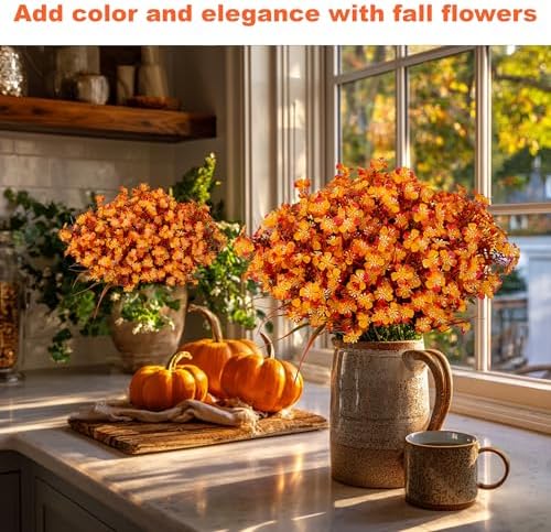 AXYLEX Artificial Fall Flowers Outdoor Fake Mums (Orange, 12 Bundles)