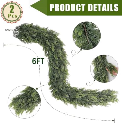 2Pcs 6Ft Christmas Cedar Garland, Realistic Artificial Pine Garland