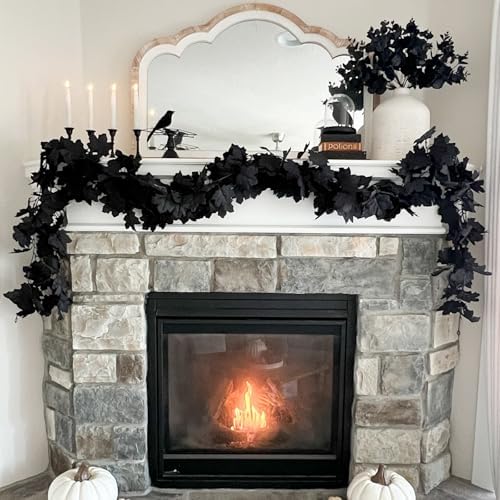 CQURE Black Maple Leaf Garland, 2PCS Halloween Garland Maple Leaves Fall Leaves Hanging Vines Halloween Thanksgiving Decor for Home Table Front Porch