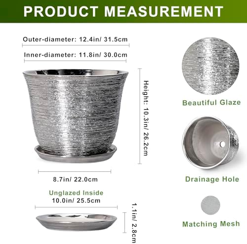 Ceramic Planter, 12 Inch Pots for Plants Indoor, Silver