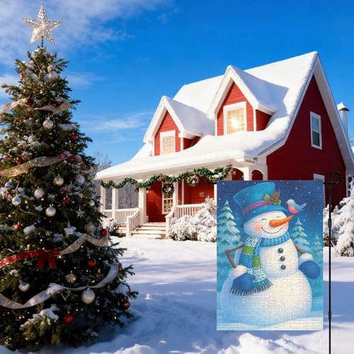 IVN Merry Christmas Burlap Garden Flag 12x18 Inch Snowman with Blue Hat and Bird Flag Double Sided Outdoor Yard Banner for Porch Lawn Patio Decor
