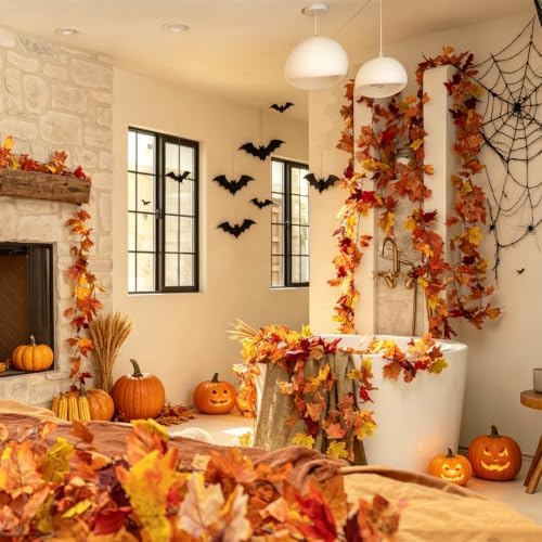 CQURE 13 Pack Artificial Fall Leaf Garland (76.7Ft Total), Autumn Garland Maple Leaves Vines for Thanksgiving Home Fireplace Arch Decor
