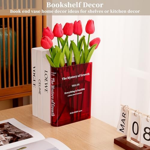 Puransen Clear Book-Shaped Vase for Centerpiece Home Indoor Desk Decor，Red