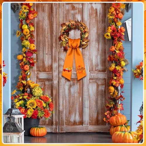 VitalCozy Hello Fall Wreath Sash for Front Door, Orange Satin Ribbon Bow
