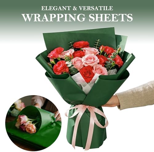 WRAPAHOLIC 20 Sheets Green Flower Wrapping Paper - 22.4 x 22.4 inch Turquoise Green Water-Resistant Floral Bouquet Wrapping Paper, Florist Supplies Packaging for Christmas Birthday Gift DIY
