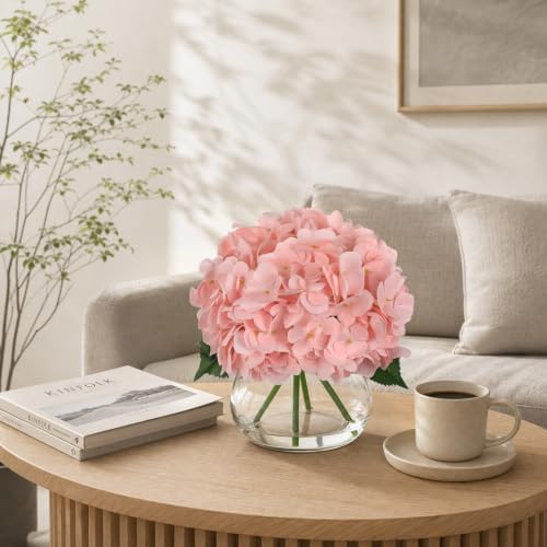 Hollyone Real Touch Hydrangea with Glass Vase Pink Full Latex Hydrangeas Artificial Flowers in Vase Lifelike Bouquets Floral Arrangements with Faux Water for Wedding Table Centerpiece Indoor Decor