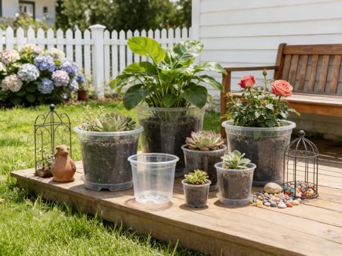 20-Pack Clear Nursery Pots with Saucers (4/5/6/7 Inch)– Transparent Plastic Plant Pots with Drainage Holes and 20 Labels, Assorted Sizes for Seed Starting, Succulents, Indoor and Outdoor Use