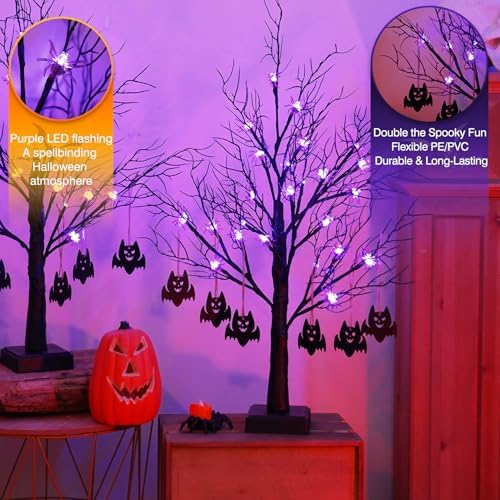 Black Halloween Spooky Trees - 2 Pack 2FT Halloween LED Light Up Tree with 40 Spiders 12 Bats, Auto Timer, Battery/USB Powered, Bendable Branches for Tabletop Indoor Outdoor Decor