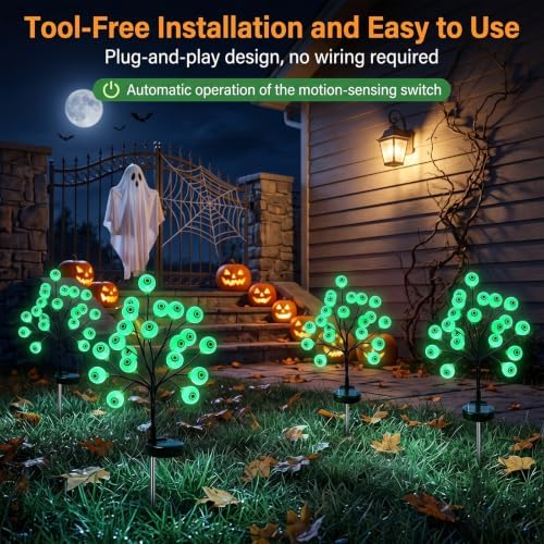 2PCS Solar Eyes Stake Pathway Lights, IP65 Waterproof Halloween Outdoor Decor with Steady On & Flash Lighting Modes，Solar-Powered Decor for Garden Yard Lawn Halloween Party (Green Eyes)