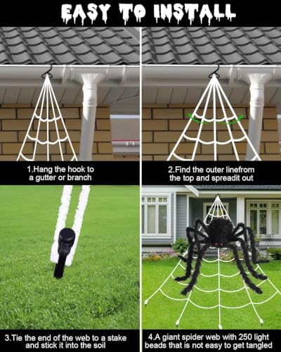 Brighter Spider Webs Halloween Decorations Lights,250 Purple LED Light Up,16.4Ft 8 Modes Giant Spiderweb with Remote Control,48'' Giant Spider,Waterproof & Timer,Halloween Decor for Outdoor