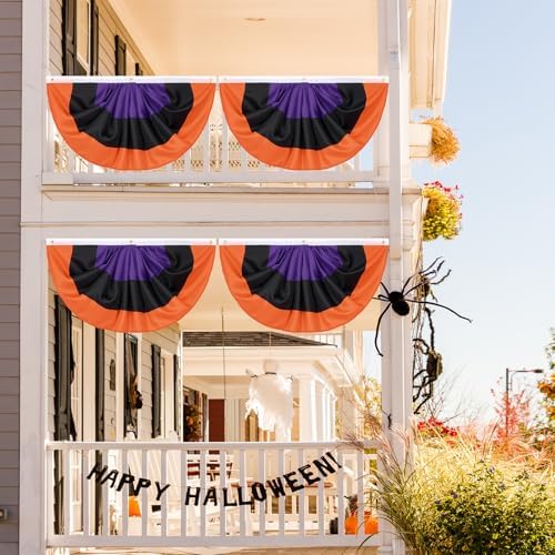VitalCozy 6 Pcs Halloween Flag Buntings for Outside 3 x 1.5 Feet Orange Black Purple Pleated Fan Flags Halloween Half Fan Flag Banners for Indoor Outdoor House Holiday Parade Party Decor