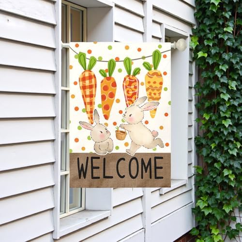 Large Easter Garden Flag 28x40 Inch Double Sided Welcome Bunny and Carrot Yard Flags Spring Outdoor Porch Decorations Farmhouse Easter Bunny House Banners for Lawn Patio Garden and Home Decor