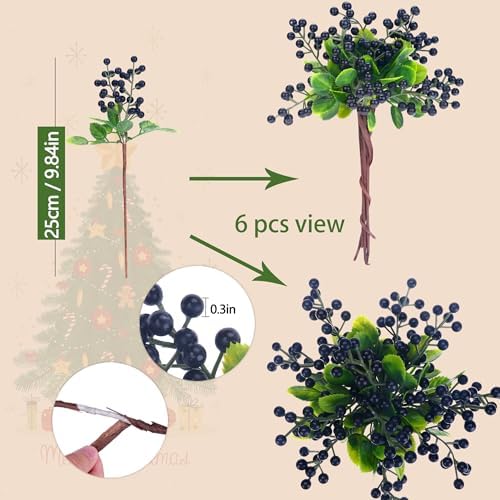 Felice Arts 6 Pack Artificial Black Berry Stems Fake Holly Berries