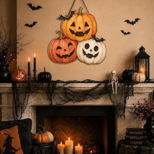 Halloween Wreaths for Front Door, Wooden Triple Pumpkin Bat Hanging Sign