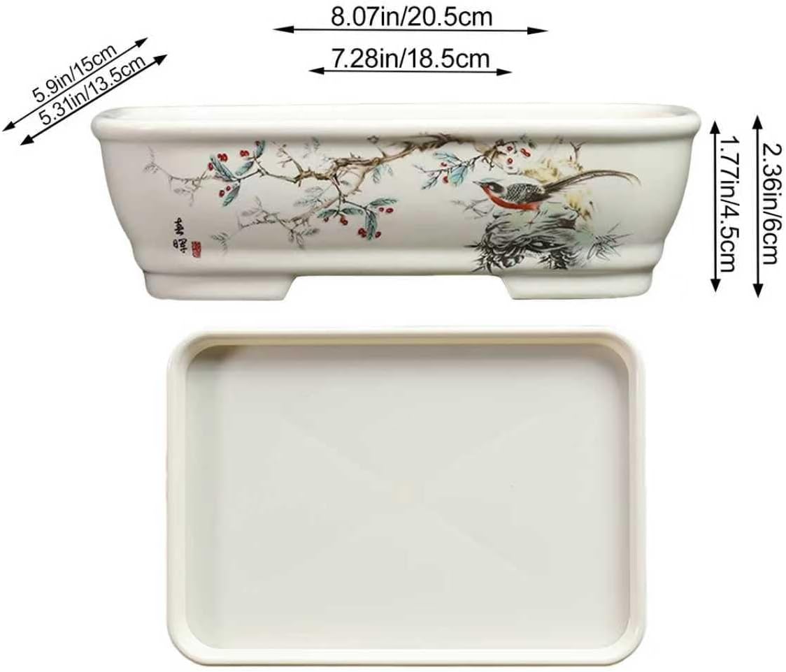 8" Bonsai Pots with Tray, Rectangular Planter in Blue & White | 8" glazed ceramic bonsai pots with tray, large shallow