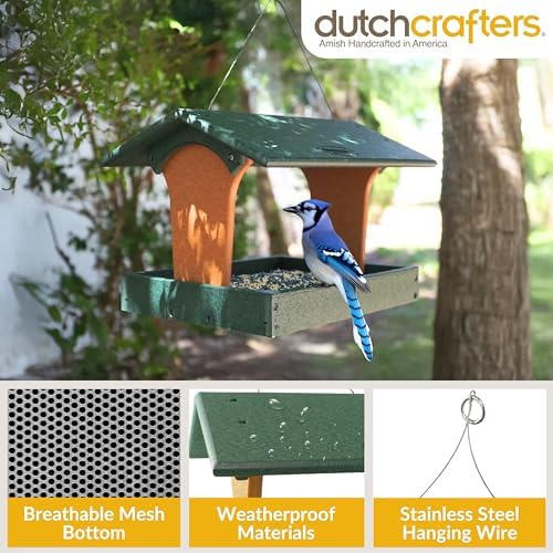 DutchCrafters Plastic Poly Covered Roof Hanging Fly Through Bird Feeder Open Side Platform Seed Tray for Outside Outdoor Garden - Amish American Made in USA (Tudor Brown & Weatherwood)