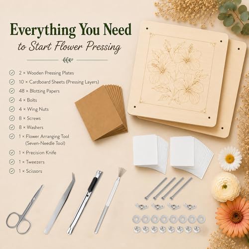 MeRGBWLife Flower Press - 11"x11" Wooden 10 Layer Flower Press Kit for Crafts Pressed Flowers & Plant Press, Scrapbooking, Bookmark Making, Wedding Bouquet Preservation, Dried Flowers