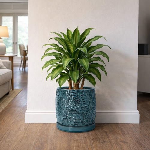 D'vine Dev Embossed Leaves Ceramic Planter, 10 in, Ocean Teal, 27-A-P-8