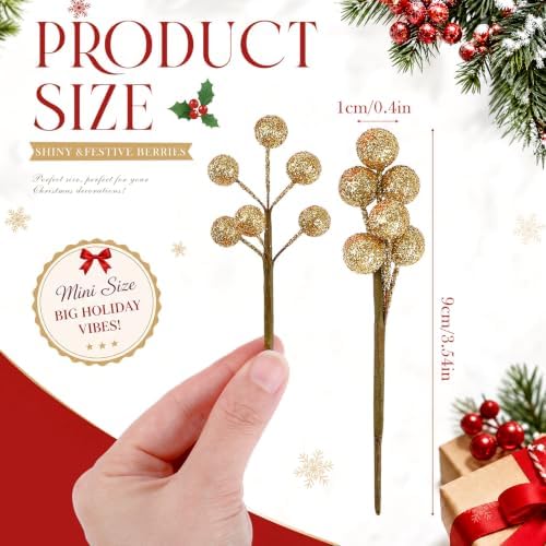 Tatuo 360 Pcs Glitter Gold Holly Berries on 60 Stems, Christmas Winter
