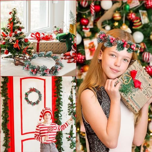 MEMOVAN Christmas Flower Crown Christmas Red Berry Stems Spray Pine Cone Holly Stem Hair Wreath Floral Headpiece Halo Headband Winter Holiday Tiara for Women Girl Xmas Holiday Decoration
