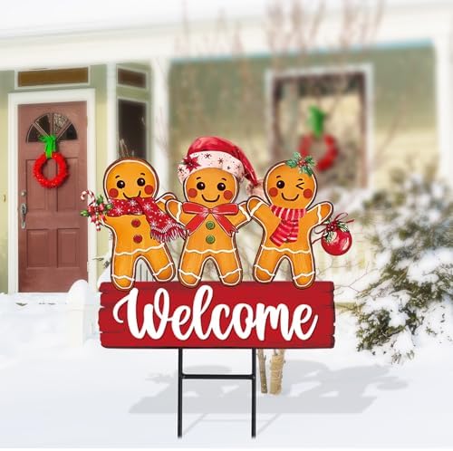 Whaline Christmas Metal Garden Stake Welcome Yard Sign Gingerbread Man Decorative Lawn Sign for Xmas Winter Holiday Home Outside Lawn Porch Walkway Decors