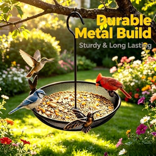 KiRuan Hanging Bird Feeder Tray, Metal Mesh Platform Feeders for Small Wild Birds, Mesh Bird Feeders for Outdoors, Easy to Refill and Clean (Hook Bird Feeder Tray 2 Pack)