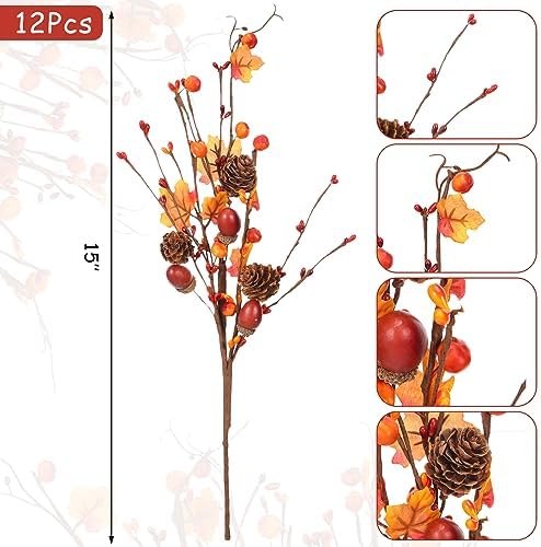 Yunlly Artificial Fall Berry Stems Fall Picks for Floral Arrangements Fake Fall Leaves with Pine Cones Maple Leaves Acorns Autumn Plant for Harvest Thanksgiving Festival Decor(12 Pcs)