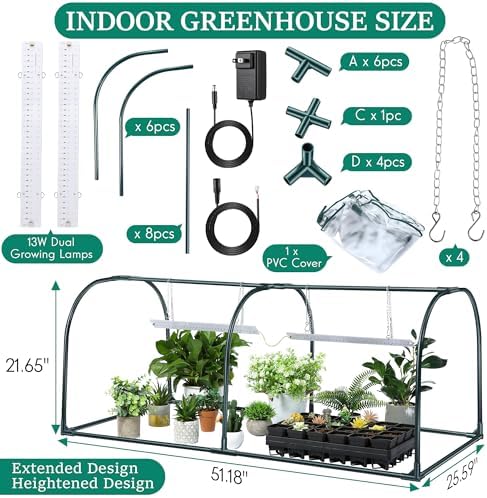 Meonum Mini Greenhouse with Grow Light, 51.18 "L x 25.59" W x 21.65" H Portable Greenhouses Waterproof UV-Resistant for Indoor/Outdoor Seed Starting(Dome Shape)