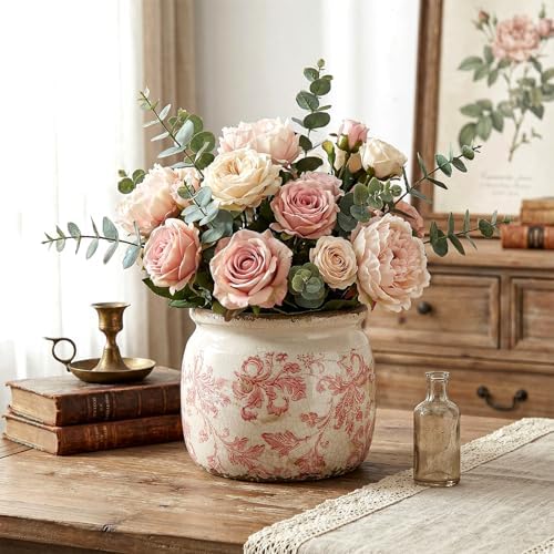5.9'' Vintage Ceramic Planter, Ice Crack Glaze Pink Floral Pot