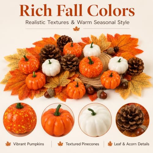 51 Pcs Fall Decor Set Artificial Pumpkins Acorns Pinecones Berries Leaves