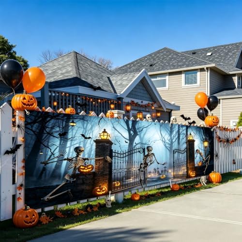 118"x35" Extra Large Happy Halloween Banner Big Spooky Halloween Backdrop for Giant Outdoor Yard Easy Hang with Ropes&Grommets–Perfect for Fence, Porch, Garden, Haunted House Party Signs (Skeleton Gate, 118"x35")