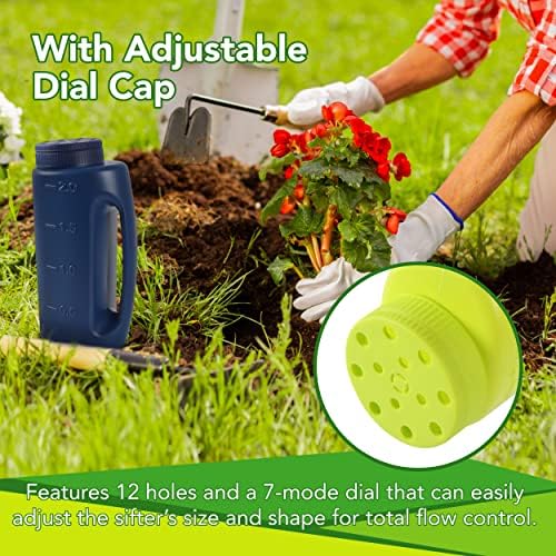 (2-Set) Multipurpose 2L Handheld Spreaders (Blue and Green) - Handheld Shakers for Seeds, Fertilizer, Salt, and More - With an Adjustable Dial for 7 Opening Modes - Includes 2 Scoops (Green)
