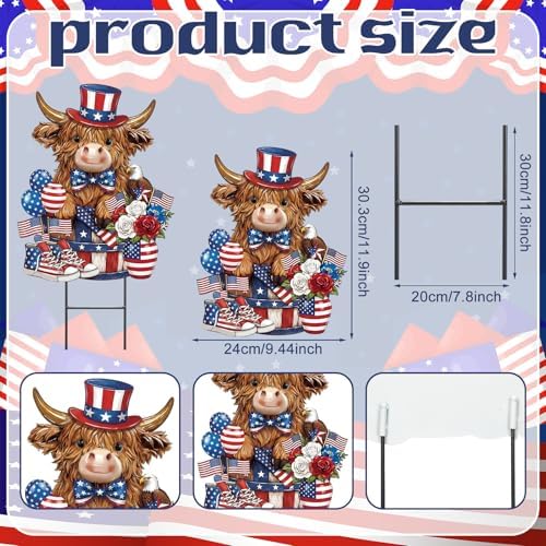 Amyhill 4th of July Highland Cow Metal Garden Stakes Patriotic American Flag Red White Blue Outdoor Yard Decorations with Stakes Independence Day Decor Sign for Home Lawn Porch Backyard Holiday Decor