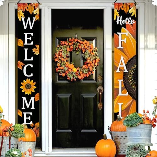 Hello Fall Sunflower Welcome Porch Banner Sign, Autumn Flower Black