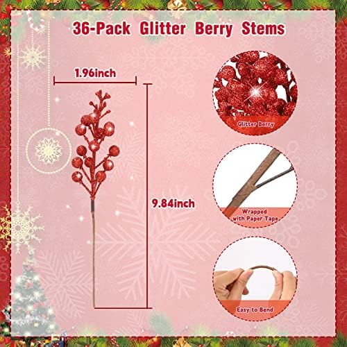 36Pcs Christmas Glitter Berry Stems, Red Artificial Christmas Tree Picks