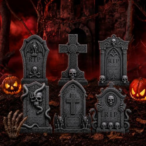 Graveyard Halloween Tombstones Decorations Outdoor: 6 Pcs Large Tombstone Halloween Yard Signs with Stakes, Realistic Scary Skeleton RIP Gravestones Lawn Cemetery Halloween Decor Front Lawn Garden Haunted House Props
