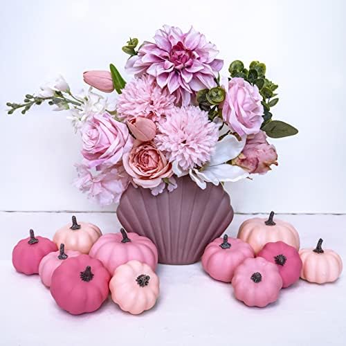12 Pcs Assorted Small Fall Artificial Pumpkins Faux Pink Pumpkins Decorative Pumpkins Foam Pumpkins for Gifts Fall Wedding Baby Shower Halloween Thanksgiving Table Centerpiece Farmhouse Decor