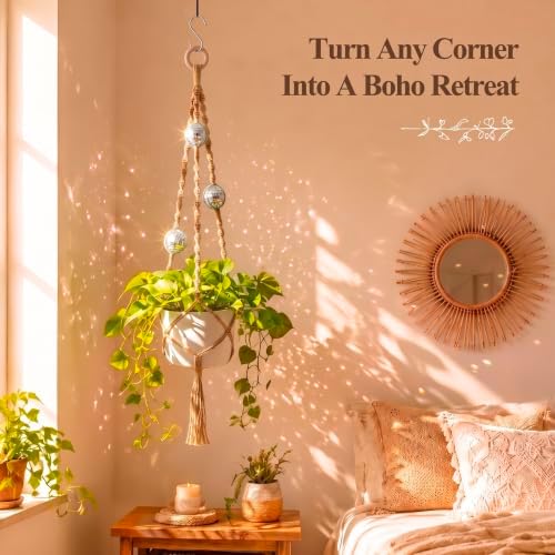 Shappy Macrame Disco Ball Plant Hanger, Boho Hanging Planter Home Decor