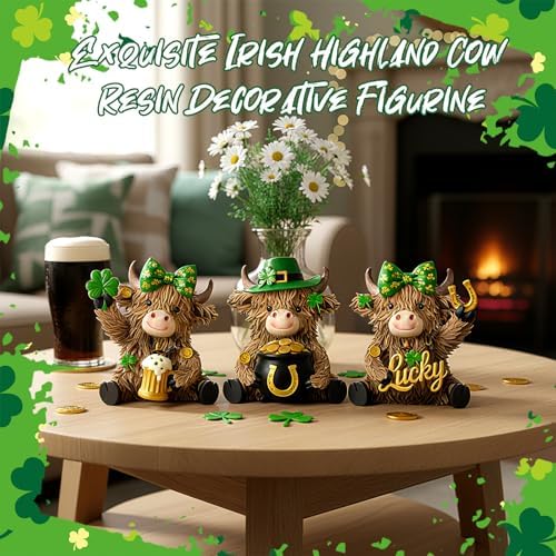 3 Pcs St. Patrick's Day Decor Highland Cow Resin Figurine Bathroom Highland Cow Gnomes with Shamrock Hat Resin Statue for St. Patrick's Day Garden Table Shelf Home Decor Gifts