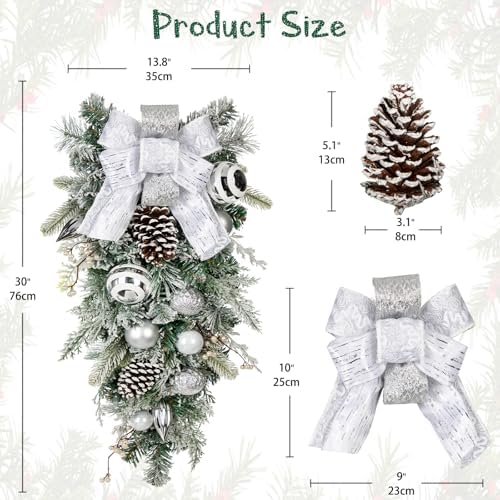 30" Christmas Teardrop Swag for Front Door Artificial Winter Swag Garland with Pine Cones, Berry Clusters, White Ball Ornaments and Ribbons for Thanksgiving Holiday Christmas Decoration