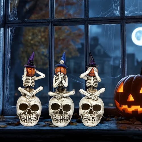 Halloween Skeleton Statue Set of 3, See Speak Hear No Evil Figurines