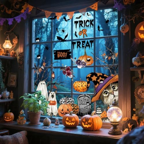 AhfuLife 60Pcs Halloween Window Clings, 9 Sheets Reusable Halloween Ghost Window Stickers Removable Stickers for Kids Home Window Indoor Party Decorations